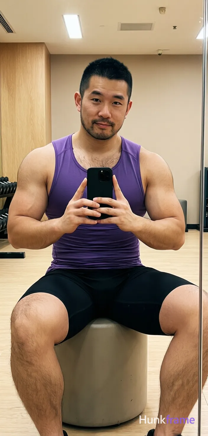 Asian man with short black buzz cut and light stubble sits centered in a gym mirror reflection on a cylindrical ottoman, right leg bent foot resting on left knee; He wears a tight purple sleeveless athletic tank top exposing chest hair and abdomen over broad shoulders and thick thighs, paired with mid-thigh black compression shorts; Holding a black smartphone with both hands to capture the view, thumbs poised for interaction under soft ambient indoor lighting from overhead fixtures against light wood paneling and beige walls; Slightly tilted angle portrait composition emphasizing defined pectorals and muscular calves in confident casual mood; single clean uninterrupted photograph with a cohesive editorial composition and plain continuous surrounding surfaces