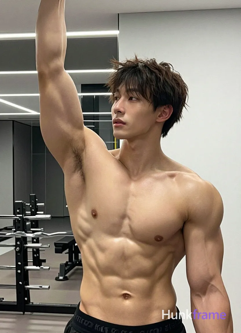 Asian man with short dark brown hair and straight texture Shirtless athletic build with defined pectorals and visible abdominal definition stands upright in an indoor gym setting; Right arm raised high above head out of frame; left arm down at side; Torso slightly angled toward camera reflecting mirrored walls and weight racks under overhead artificial lighting; Naturalistic photography, slightly grainy texture, 13:19 aspect ratio, shot on iPhone 15 Pro main camera, authentic smartphone computational photography, natural Smart HDR and true-to-life skin texture, vertical 9:16 Xiaohongshu lifestyle feed, bright clean everyday scene, unretouched phone photo with subtle sensor grain, trendy Chinese internet 网红 aesthetic, candid influencer energy; single clean uninterrupted photograph with a cohesive editorial composition and plain continuous surrounding surfaces