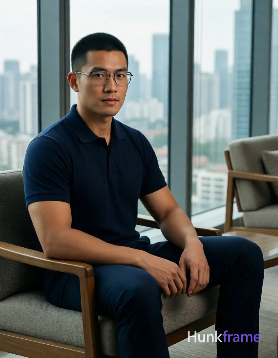 an anonymous figure man with light-medium skin and a short black buzz cut, wearing rectangular wire-frame glasses with thin metallic rims; He sits on a wooden-framed sofa in modern indoor lounge setting overlooking urban skyline through large glass windows; Dressed in dark navy blue buttoned polo shirt and matching slim-fit trousers; Broad shoulders defined biceps forearms visible under clean lines minimalist composition; Natural daylight from window source creating soft shadows on face torso supplementing ambient interior lighting; Full-body shot head to shoes framed vertically slight left bias center-left foreground calm composed sophisticated mood fine-art photography dramatic yet natural lighting premium fashion-editorial aesthetic tailored navy polo; The adult man visibly wears rectangular wire-frame glasses with thin metallic rims and clear lenses; worn on face covering both eyes on his face; preserve the exact frame shape, rim style, color, material, and lens tint, same aesthetic theme and photo feel as the reference but a different man in a different pose with distinct body proportions, Thai man, smooth tan; single clean uninterrupted photograph with a cohesive editorial composition and plain continuous surrounding surfaces
