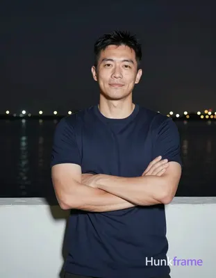 Asian man with short black hair and clean-shaven face stands confidently at a ni