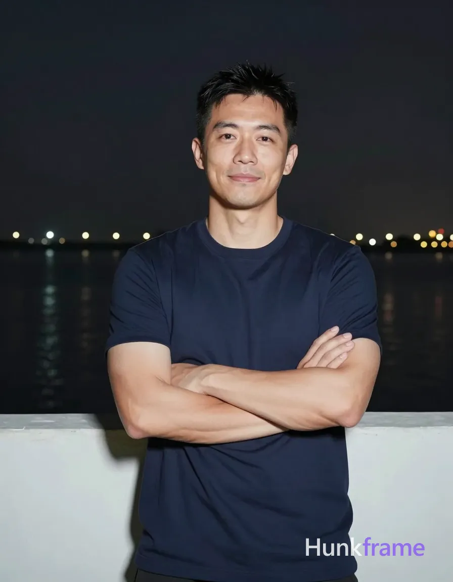 Asian man with short black hair and clean-shaven face stands confidently at a nighttime waterfront, arms crossed over chest in solid navy blue crew-neck t-shirt; Soft frontal fill light illuminates his broad shoulders and defined biceps against dark sky with distant water lights reflecting behind him; Slightly soft focus on background creates natural night photography aesthetic; Vertical portrait crop from head to mid-thighs captures relaxed smiling expression; single clean uninterrupted photograph with a cohesive editorial composition and plain continuous surrounding surfaces