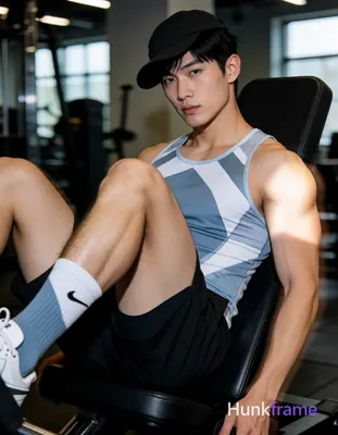 Asian man with short black straight hair and clean-shaven jaw seated on gym leg 