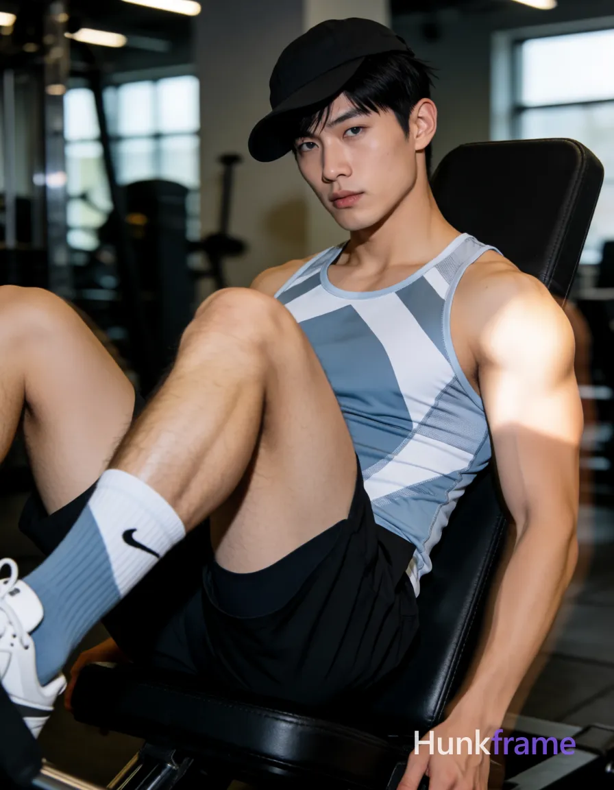 Asian man with short black straight hair and clean-shaven jaw seated on gym leg press, legs spread wide in V-shape showing thick quadriceps striations; He wears a tilted black baseball cap, light blue and white patterned compression tank top clinging to broad shoulders and pectorals, black athletic shorts revealing lower abdomen, and mid-calf crew socks with small black Nike swoosh logos; Full arms exposed from biceps to forearms; Indoor gym setting with blurred background equipment and daylight windows; Soft directional lighting highlights right shoulder against dark clothing palette of slate grey, navy blue, white, and skin tones; Slight motion blur on edges for dynamic vertical portrait composition, same aesthetic theme and photo feel as the reference but a different man in a different pose with distinct body proportions, Scandinavian man, very fair skin, ice blue eyes, Viking-broad shoulders lean waist; single clean uninterrupted photograph with a cohesive editorial composition and plain continuous surrounding surfaces