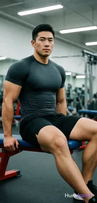 Asian man in premium fashion editorial style seated sideways on a red gym bench with blue cushion; H