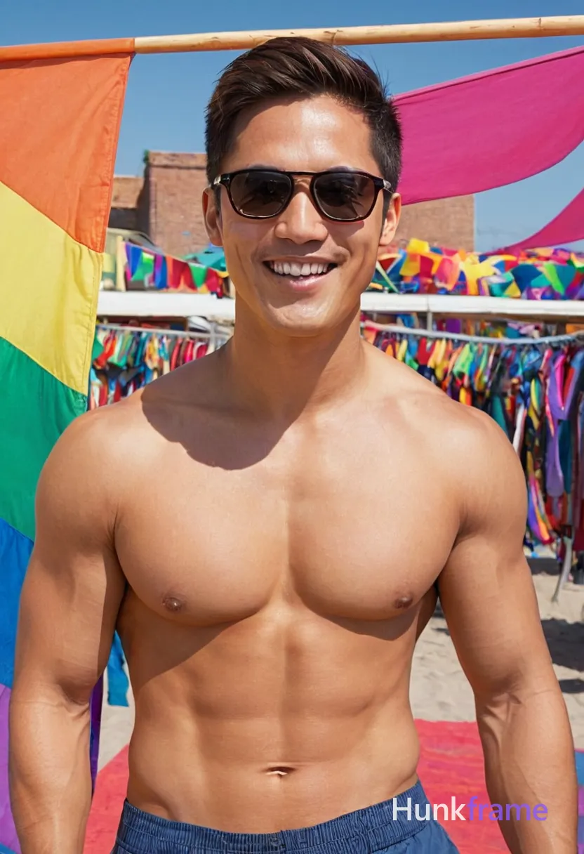 A handsome masculine man standing with head slightly tilted forward and smiling at the camera, shirtless with defined abs and compact athletic build. He is wearing sunglasses in a torso-only crop, against a backdrop of vibrant rainbow flags on a clear blue sky day. The lighting is bright outdoor sunlight, creating natural shadows on his warm-toned skin. The scene has an artistic partial nude feel with a festive and celebratory mood