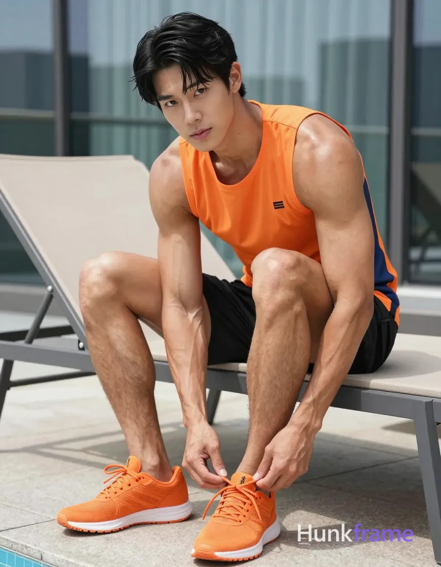 An athletic Asian man with medium-tan skin and short black straight side-parted hair sits on a beige lounge chair outdoors, leaning forward to tie orange shoelaces; He wears an orange sleeveless top with navy side panels and small chest logo over bare defined pectorals and abdomen, paired with black mid-thigh shorts; His right leg is planted while the left foot lifts slightly off the paved stone floor as he focuses on his laces; Bright natural daylight from above-left highlights sculpted thick thighs and broad shoulders against a shallow depth of field blurring city skyline reflections in glass windows behind him, same aesthetic theme and photo feel as the reference but a different man in a different pose with distinct body proportions, lean Korean man, sharp jaw, monolid eyes, slim swimmer build, natural black hair; single clean uninterrupted photograph with a cohesive editorial composition and plain continuous surrounding surfaces