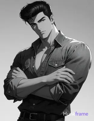 An adult masculine man rendered in polished 2.5D next-gen anime style stands shi