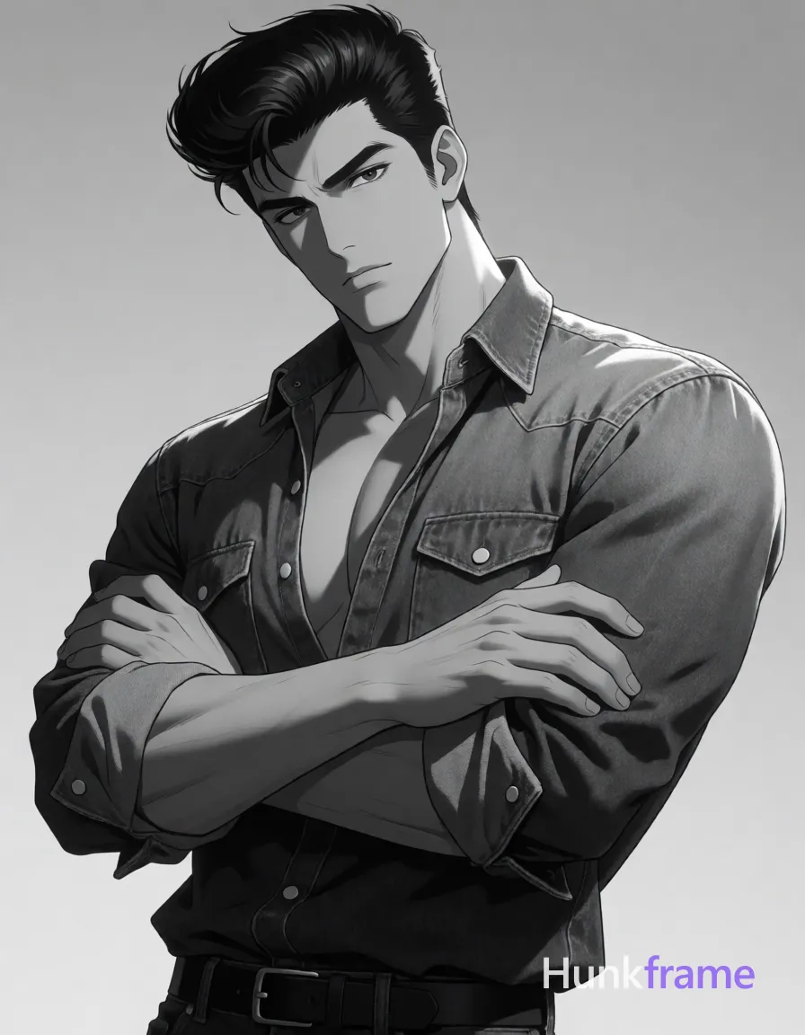 An adult masculine man rendered in polished 2.5D next-gen anime style stands shirtless with a dark voluminous pompadour and clean-shaven face; He wears an open denim button-down exposing broad shoulders, defined pectoral muscles, and toned abdominal definition from collarbone to waistline; sleeves rolled up mid-forearm show metal buttons on fitted cut accentuating torso structure; Pose: standing arms crossed over chest with right hand gripping left sleeve near elbow, torso angled slightly left while head turns toward camera; Dramatic directional lighting creates strong shadows enhancing sculptural drama in a monochrome palette studio setting; single clean uninterrupted artwork with a cohesive composition and plain continuous surrounding surfaces