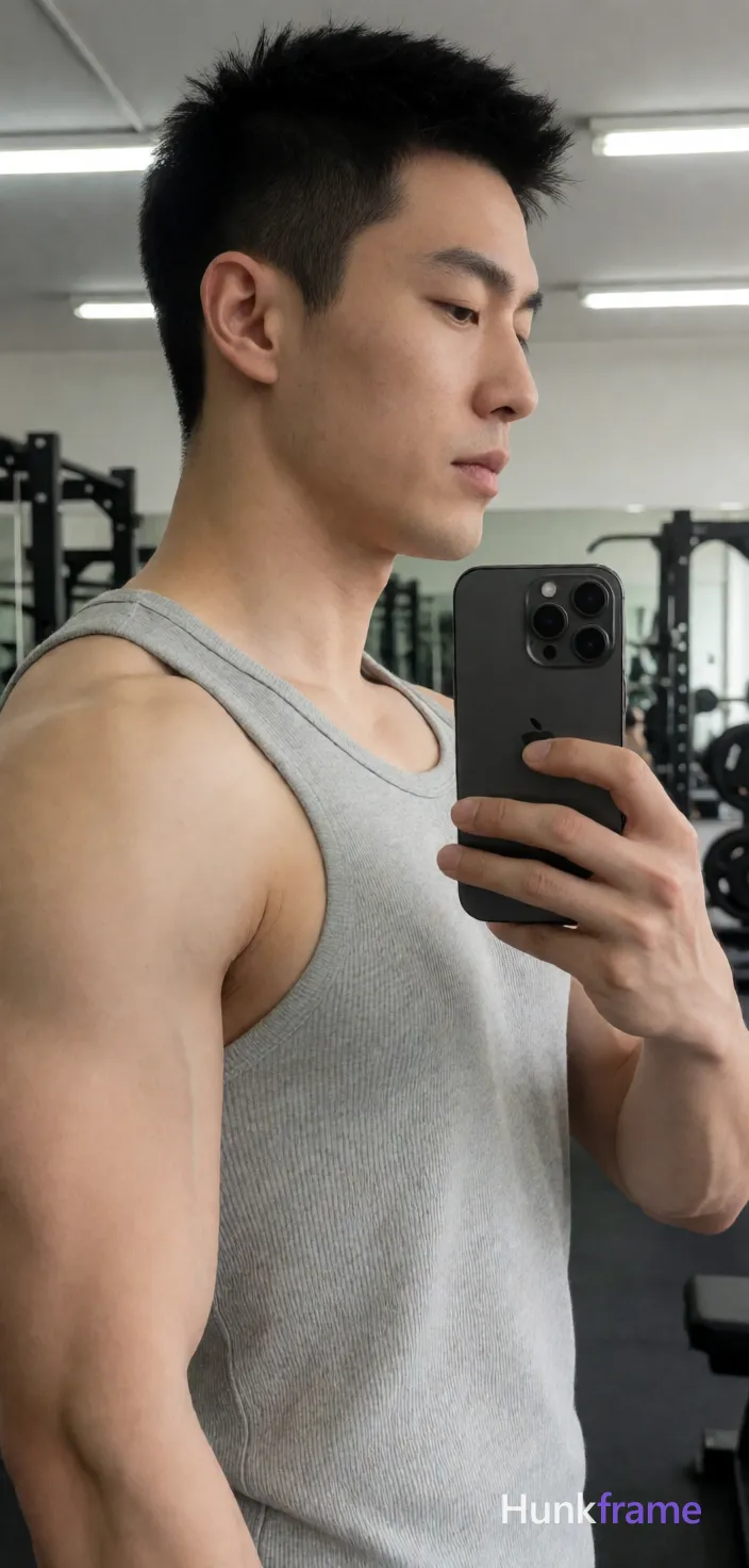 Asian man with short spiky black hair and clean-shaven face, broad muscular build standing in profile facing right; He holds a dark gray iPhone-style phone with triple-camera module against his chest/shoulder area to capture reflection in mirror; Wearing light gray ribbed tank top covering torso and shoulders, artistic partial nude adult physique showing defined deltoids and visible biceps; Gym interior background with weight racks under overhead fluorescent lighting casting even illumination on face and toned torso; Vertical portrait crop from head to upper thighs, center-left foreground occupying majority of frame; single clean uninterrupted photograph with a cohesive editorial composition and plain continuous surrounding surfaces