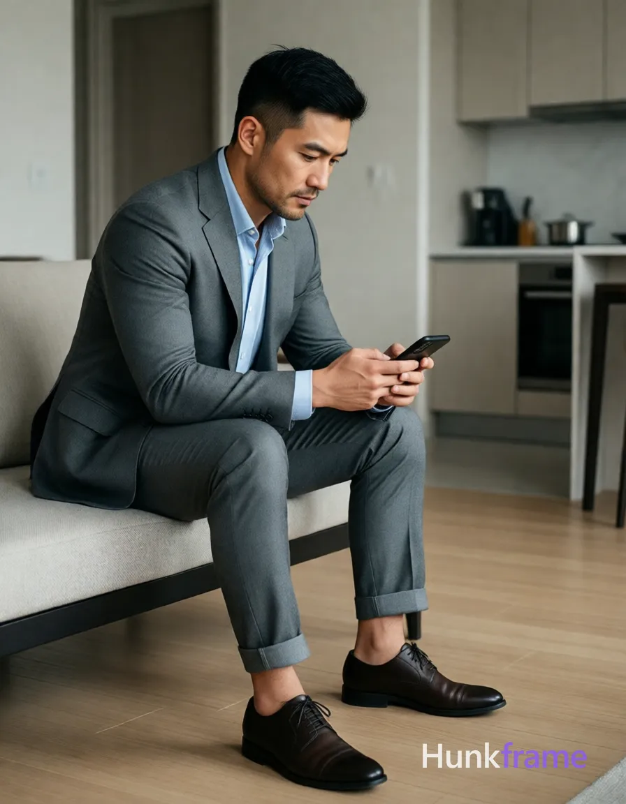 Photograph of exactly 1 adult man. Man 1: Asian, light-medium, square-jawed with defined cheekbones, short black hair, textured top with faded sides and clean neckline, clean-shaven. Man 1 has fully exposed eyes, eyebrows, temples and nose bridge. lean build with thick thighs visible in rolled grey trousers. seated sideways holding black smartphone at chest level looking down. grey single-breasted suit jacket over light blue open collar shirt, dark brown leather shoes. full-body vertical portrait centered on beige bench angled left. modern interior with light wood flooring neutral walls kitchenette visible. soft ambient indoor lighting creating calm sophisticated mood. clean lines minimalist decor professional composition premium fashion editorial