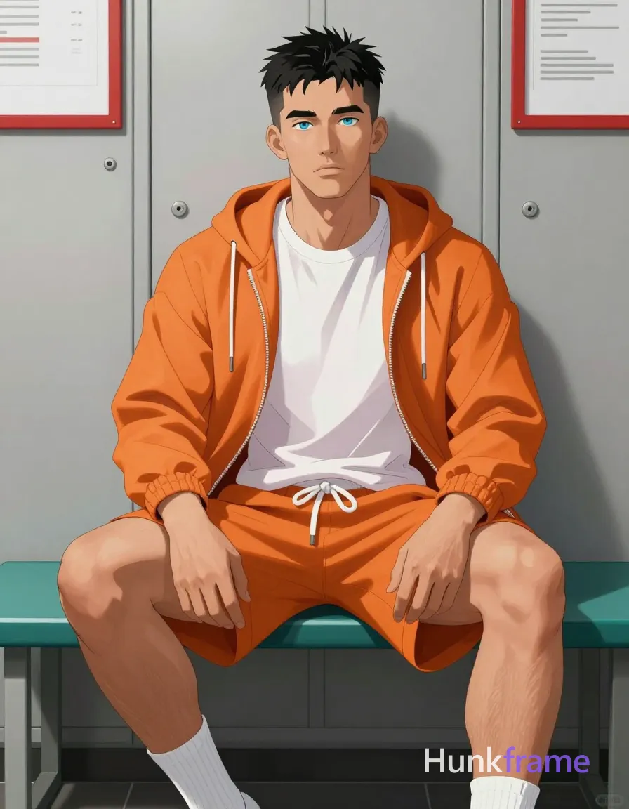 Asian man with short black spiky hair and clean-shaven face, neutral gaze direct eye contact seated on a teal bench or ledge in an indoor locker room. Legs bent with knees up slightly apart, torso relaxed upright, hands resting loosely on thighs/knees wearing orange zip-up hooded jacket unzipped to mid-chest over white crew-neck t-shirt and matching orange drawstring shorts. White ribbed ankle sock visible on right foot while left leg remains bare exposing lower calf skin texture. Lean build with defined jawline under soft directional light from front-left casting subtle shadows defining facial structure and clothing folds against muted background grays, whites, and red-framed notice board detail rendered in polished anime 2.5D next-gen game art style., same aesthetic theme and photo feel as the reference but a different man in a different pose with distinct body proportions, Scandinavian man, very fair skin, ice blue eyes, Viking-broad shoulders lean waist, a single uninterrupted photograph only, no written words or typography anywhere in frame, no captions, no app UI, no social-media post layout, no screenshot borders