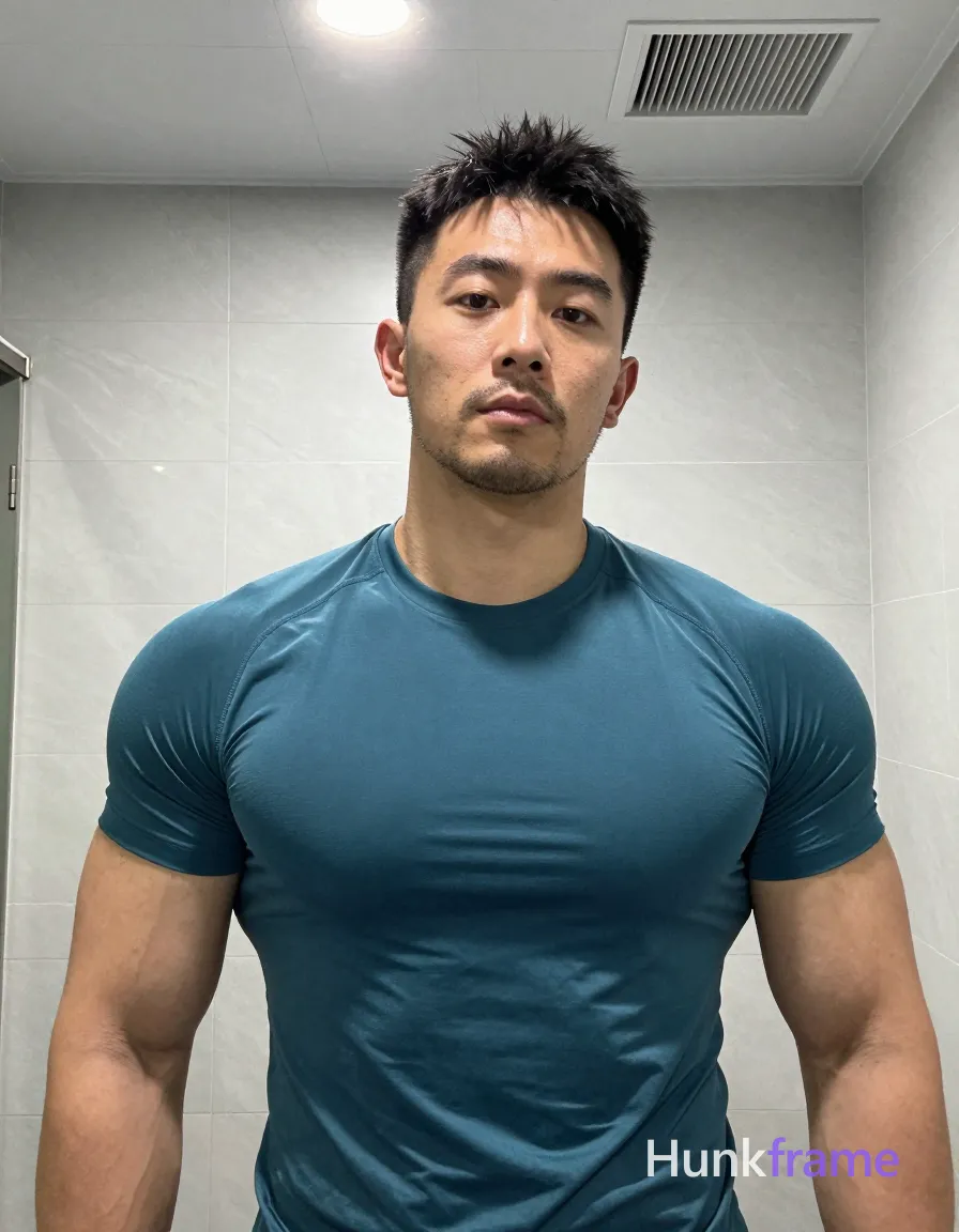 Asian man with short black textured hair and stubble beard stands facing camera in a chest-to-chin crop. He wears a tight-fitting teal athletic t-shirt, torso upright, arms at sides with left arm partially obscured. Indoor bathroom setting with white tiled walls and ceiling-mounted air vent. Overhead recessed light casts cool-toned illumination on his broad shoulders and defined pectorals. Phone-camera aesthetic with slightly tilted angle captures the neutral direct gaze in a premium fashion editorial style., a single uninterrupted photograph only, no written words or typography anywhere in frame, no captions, no app UI, no social-media post layout, no screenshot borders