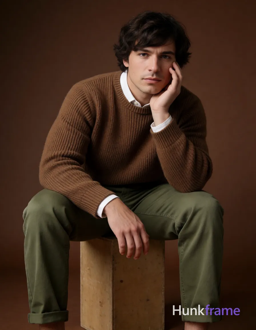 Heavily muscular adult man with substantial muscle mass, wide shoulders, thick neck, large chest and arms, powerful thighs, and dense bodybuilding proportions; an anonymous figure man with fair skin and dark brown medium-length wavy hair, side-swept bangs resting on forehead; Clean-shaven face with neutral contemplative expression and slight frown; Seated fully clothed on wooden crate against solid brown backdrop in studio athletic photography; Wearing brown ribbed knit crewneck sweater over white collared shirt showing collar and cuffs, olive green straight-leg trousers with rolled hems at ankles; heavily muscular build posture with knees bent outward; left hand resting against cheek in chin-support pose while right arm relaxed along thigh; Soft directional lighting from front-left creates gentle shadows on face and clothing emphasizing defined anatomy within heavily muscular frame; Vertical portrait composition centered full-body shot head to toe, same aesthetic theme and photo feel as the reference but a different man in a different pose with distinct body proportions, Mediterranean Italian man, olive skin, wavy dark hair, heavily; single clean uninterrupted photograph with a cohesive editorial composition and plain continuous surrounding surfaces