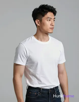 Asian man with short dark black hair featuring a textured top swept upward and f