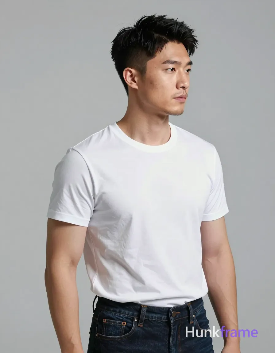 Asian man with short dark black hair featuring a textured top swept upward and faded undercut, clean-shaven chin with light stubble on jawline; He stands in three-quarter profile facing right, head turned away looking off-camera Wearing plain white crew-neck t-shirt with slight wrinkling across chest indicating fit, dark indigo denim jeans with visible front fly seam and waistband at natural line; Waist-up portrait shot showing full head through upper thighs against a clean minimalist studio background; Soft directional key light from front-left creates subtle shadows on right side of face and torso; Polished anime 2.5D next-gen game art style with expressive face, athletic anatomy, high-quality character rendering, sharp focus on subject's face, natural skin tones rendered without heavy retouching to preserve texture details like pores; single clean uninterrupted artwork with a cohesive composition and plain continuous surrounding surfaces