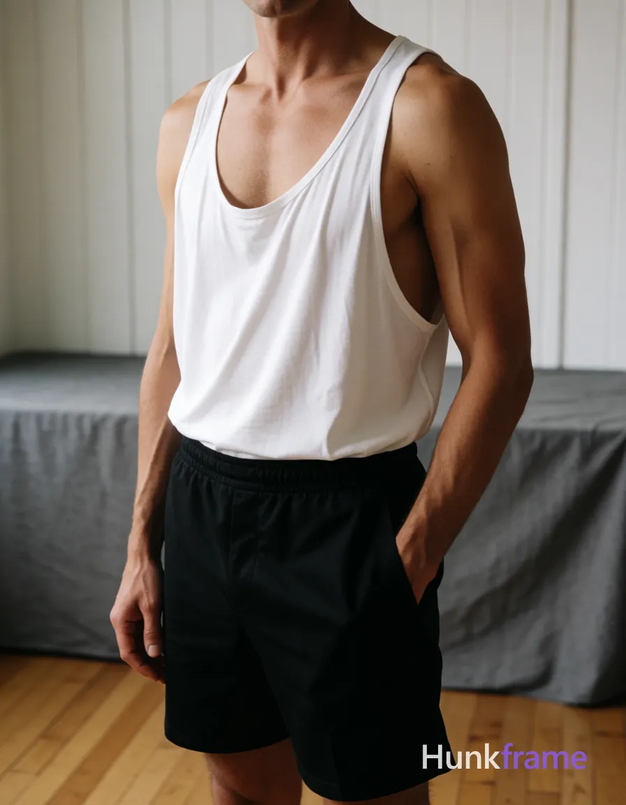 Vertical fashion editorial portrait of an adult man with a highly muscular build, defined pectorals, visible abdominal definition, and prominent arm musculature with clear veins; Standing torso angled slightly to viewer's left, arms relaxed at sides, right hand partially in pocket of black athletic-style shorts; Wearing white deep-neck tank top (loose fit, draped fabric) exposing upper chest and shoulders; unobstructed face with both eyes, irises, eyebrows, temples, and nose bridge clearly visible; Indoor setting with light wood flooring, gray fabric surface, and white paneled wall; Soft directional lighting highlights vascularity on arms and shoulders; Fine-art photography aesthetic, sculpted pose emphasis, minimalist palette of white, black, skin tones, gray, and wood brown; single clean uninterrupted photograph with a cohesive editorial composition and plain continuous surrounding surfaces