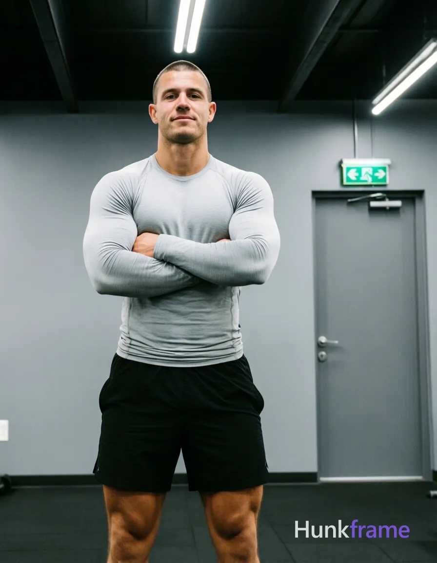 an anonymous figure man with light-medium skin and short black buzz cut stands upright facing forward, arms crossed tightly over chest showing defined pectorals and abdominal definition; He wears a fitted light gray long-sleeve compression-style athletic shirt revealing muscle structure paired with black athletic shorts ending mid-thigh; The setting is an indoor gym or fitness facility with plain gray walls, dark ceiling beams, fluorescent lighting fixtures overhead, and a green emergency exit sign mounted above the door on the right side of frame; Overhead artificial fluorescent lights create even illumination across his body with soft shadows under arms and along torso contours indicating directional light source from above; Full-body shot including feet, torso, upper legs down to knees centered horizontally and vertically within 13:19 vertical portrait orientation occupying approximately 60% of vertical height from floor to ceiling line visible above head; Clean composition minimalist aesthetic fitness-oriented photography style naturalistic lighting without heavy post-processing effects confident athletic focused masculine mood; FULL TEXT REPLACEMENT: remove every original source; single clean uninterrupted photograph with a cohesive editorial composition and plain continuous surrounding surfaces