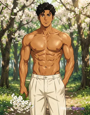 Polished anime style illustration of an Asian man with light-medium skin standing upright in a verti