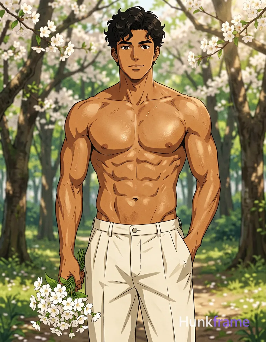 Polished anime style illustration of an Asian man with light-medium skin standing upright in a vertical portrait orientation. He is shirtless displaying broad shoulders and defined pectorals, wearing light beige or off-white pleated trousers. His left hand is in his pocket while the right hand holds a bouquet of white flowers against his lower abdomen. The setting features an outdoor wooded area with flowering trees overhead where natural daylight creates soft highlights on highly detailed skin texture and musculature., same aesthetic theme and photo feel as the reference but a different man in a different pose with distinct body proportions, Brazilian Latino man, warm olive skin, curly dark hair, compact athletic torso, wearing underwear or swim trunks, covered genitals, no frontal nudity, a single uninterrupted photograph only, no written words or typography anywhere in frame, no captions, no app UI, no social-media post layout, no screenshot borders