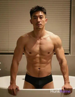 Photograph of exactly 1 adult man. Man 1: Asian, tanned, square jawline with defined cheekbones, sho