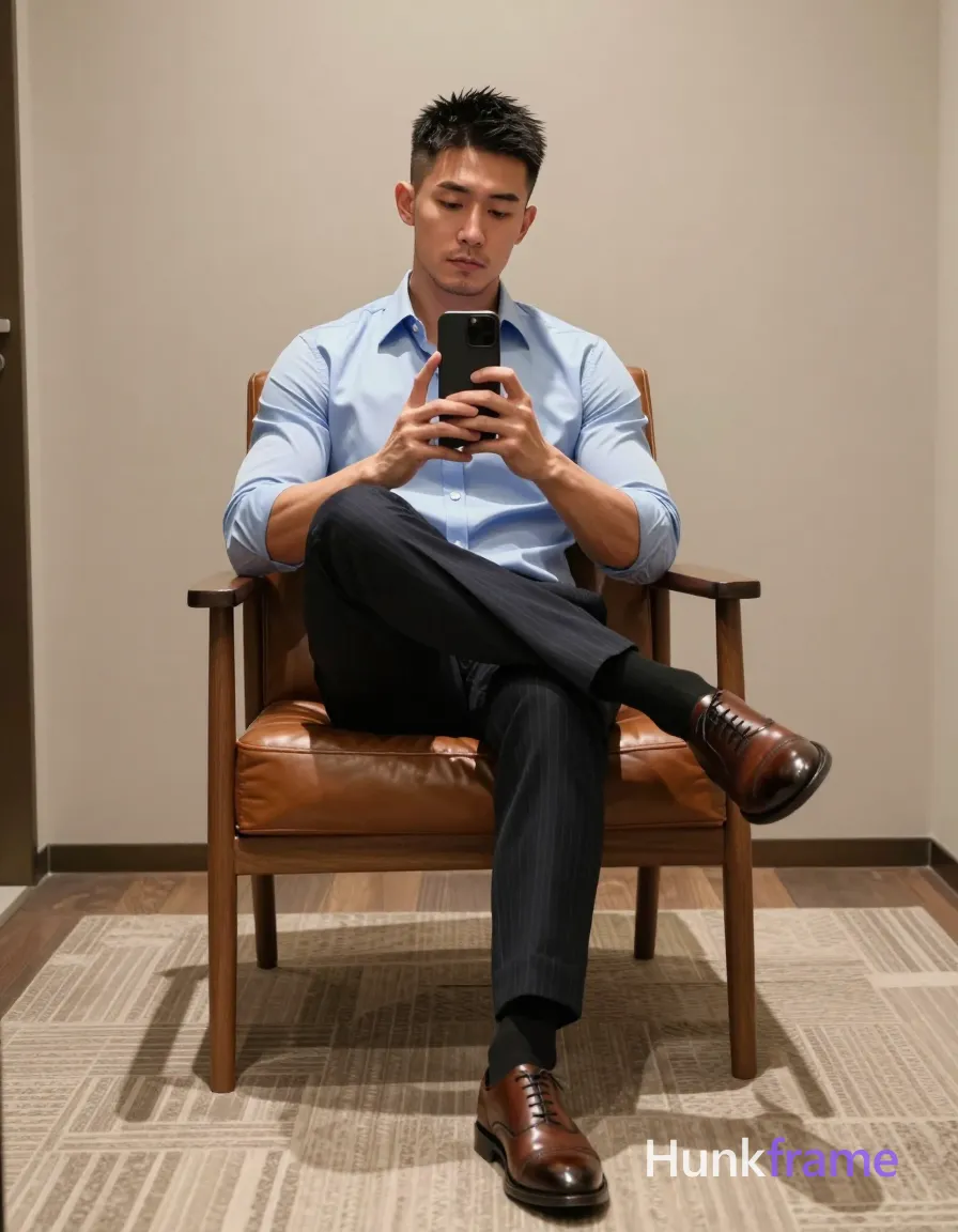 Asian man, light-medium skin, short black textured hair with faded sides and clean neckline, clean-shaven face; Seated sideways in a brown leather armchair with wooden frame, left leg crossed over right knee showing lean build physique; Wearing light blue long-sleeve button-down shirt top two buttons undone, dark pinstripe trousers, black dress socks, brown leather cap-toe oxford shoes; Holding black smartphone with both hands at chest level, thumb on screen taking mirror selfie; Modern apartment interior with beige rug and geometric pattern background; Soft ambient indoor lighting casting warm highlights on face and shirt from overhead source; Vertical portrait orientation 13:19 aspect ratio, full-body seated shot knees up to head, clean lines minimalist high-end fashion editorial aesthetic, same aesthetic theme and photo feel as the reference but a different man in a different pose with distinct body proportions, Slavic man, pale skin, ash blond stubble, tall athletic frame; single clean uninterrupted photograph with a cohesive editorial composition and plain continuous surrounding surfaces