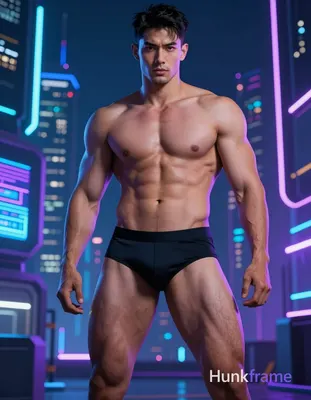 A handsome masculine man standing shirtless in a neon-lit cyberpunk cityscape, i