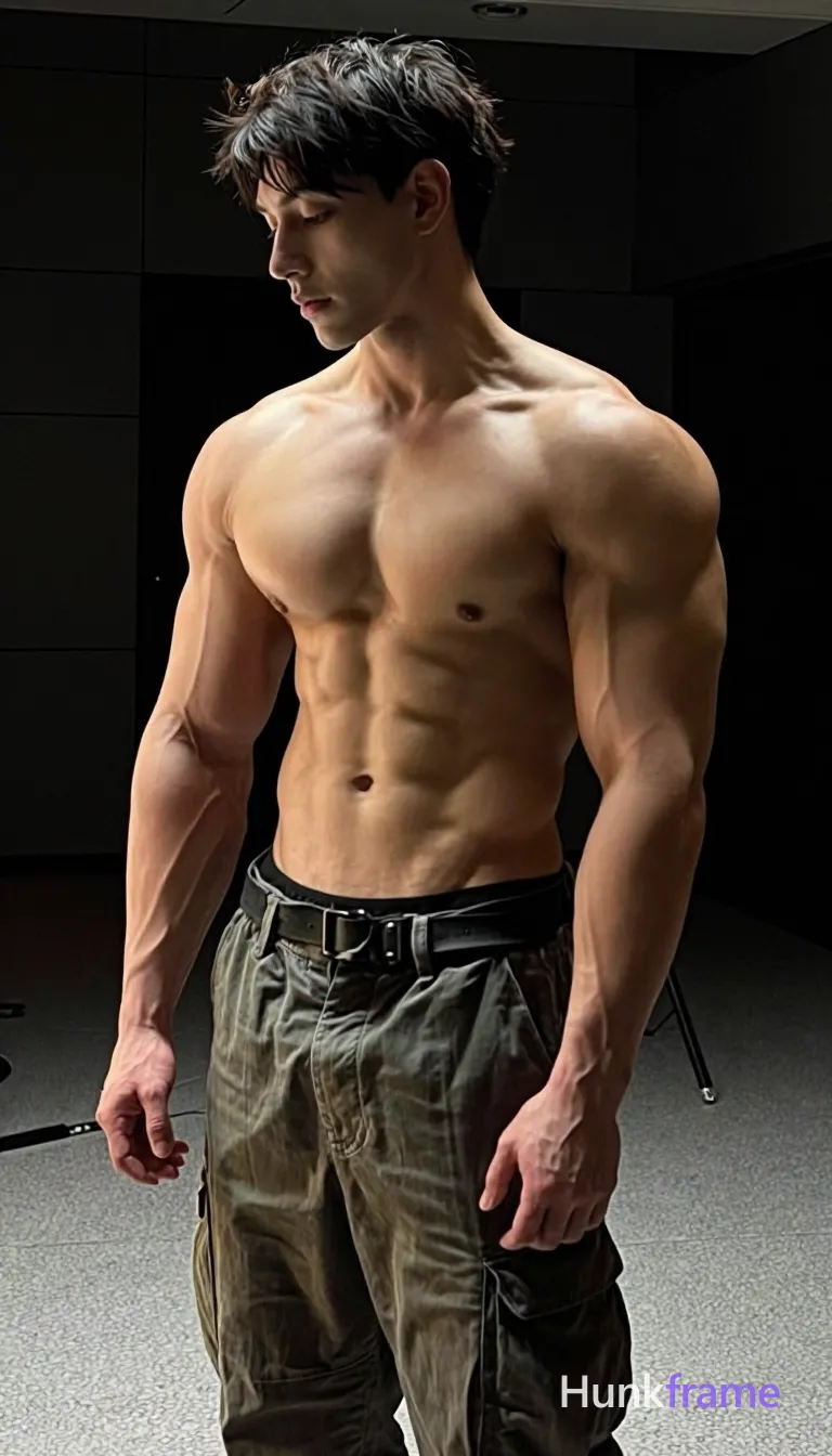 an anonymous figure adult man with short textured crop cut hair featuring dark brown to black color and subtle gray highlights, clean-shaven face with neutral pensive gaze directed downward left; Standing in 3/4 profile facing left, torso angled slightly forward, left hand loosely clenched near hip; Shirtless with bare chest and abdomen fully exposed showing broad shoulders, defined clavicles, visible rib cage, six-pack abs, vascular arms, thick thighs under loose-fitting olive-green cargo pants with front pockets and black leather belt threaded through loops; Indoor studio setting with speckled gray floor and dark background wall, tripod stand leg visible behind right shoulder; High-contrast directional key light from front-right creating highlights on chest and shoulders, soft fill minimizing shadows while preserving muscle definition; Shallow depth of field sharp focus on torso and face, natural skin texture without heavy retouching; Vertical portrait framing upper chest to mid-thighs, head near top third, center-right composition, shot on iPhone 15 Pro main camera, authentic smartphone computational photography, natural Smart HDR and; single clean uninterrupted photograph with a cohesive editorial composition and plain continuous surrounding surfaces