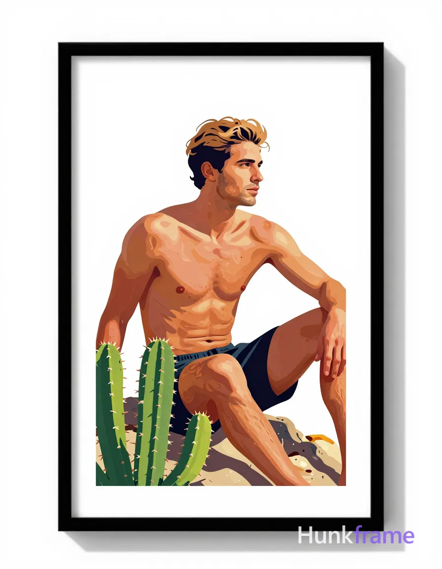 A lean white man with short light-colored hair sits on rocky ground, torso turned slightly rightward in a contemplative pose. He is shirtless exposing his chest and abdomen wearing dark shorts partially obscured by a foreground cactus cluster. The image features bold flat-color poster design with high-contrast color blocking and clean vector lines translating the natural daylight sculptural lighting into graphic form. Faithful preservation of vertical portrait orientation with white matting inside black frame, centered composition showing head and upper torso clearly visible in mid-frame., same aesthetic theme and photo feel as the reference but a different man in a different pose with distinct body proportions, Mediterranean Italian man, olive skin, wavy dark hair, lean surfer body, a single uninterrupted photograph only, no written words or typography anywhere in frame, no captions, no app UI, no social-media post layout, no screenshot borders