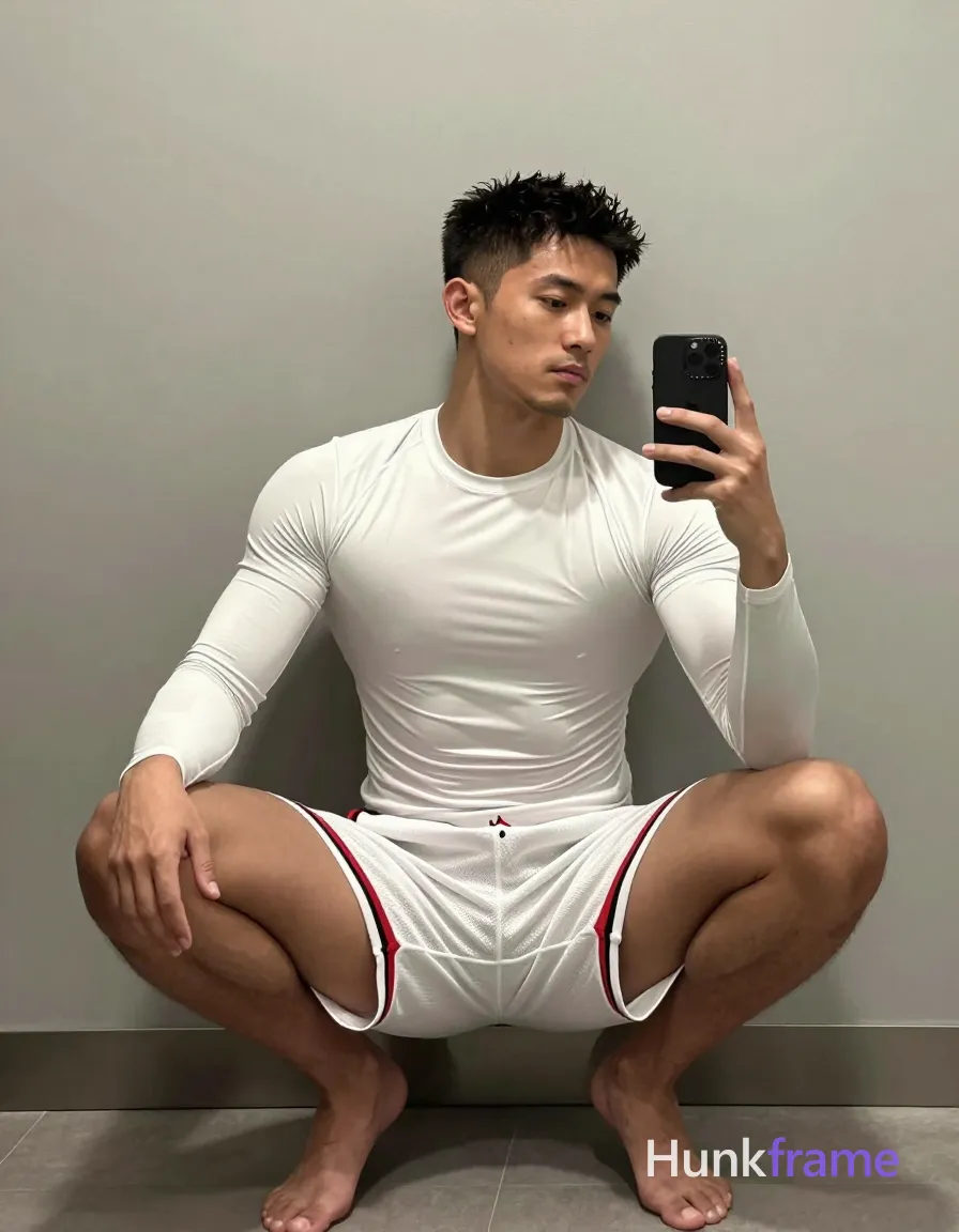 Asian man with short textured dark black hair and clean-shaven face, wearing white long-sleeve compression shirt covering torso completely and white basketball shorts with red panel featuring Jumpman logo; Seated sideways against a light gray wall in an indoor bathroom setting, knees bent with feet flat on floor; Left hand holds black smartphone near bottom edge angled toward mirror reflection for selfie; right hand extended outward with fingers slightly curled and palm facing up; Full-body shot from head to feet including seated pose left-center; Soft ambient lighting creates subtle shadows under chin and arms enhancing lean build definition; Clean lines, minimalist composition, vertical portrait orientation 13:19 aspect ratio, same aesthetic theme and photo feel as the reference but a different man in a different pose with distinct body proportions, Brazilian Latino man, warm olive skin, curly dark hair, compact athletic torso; single clean uninterrupted photograph with a cohesive editorial composition and plain continuous surrounding surfaces