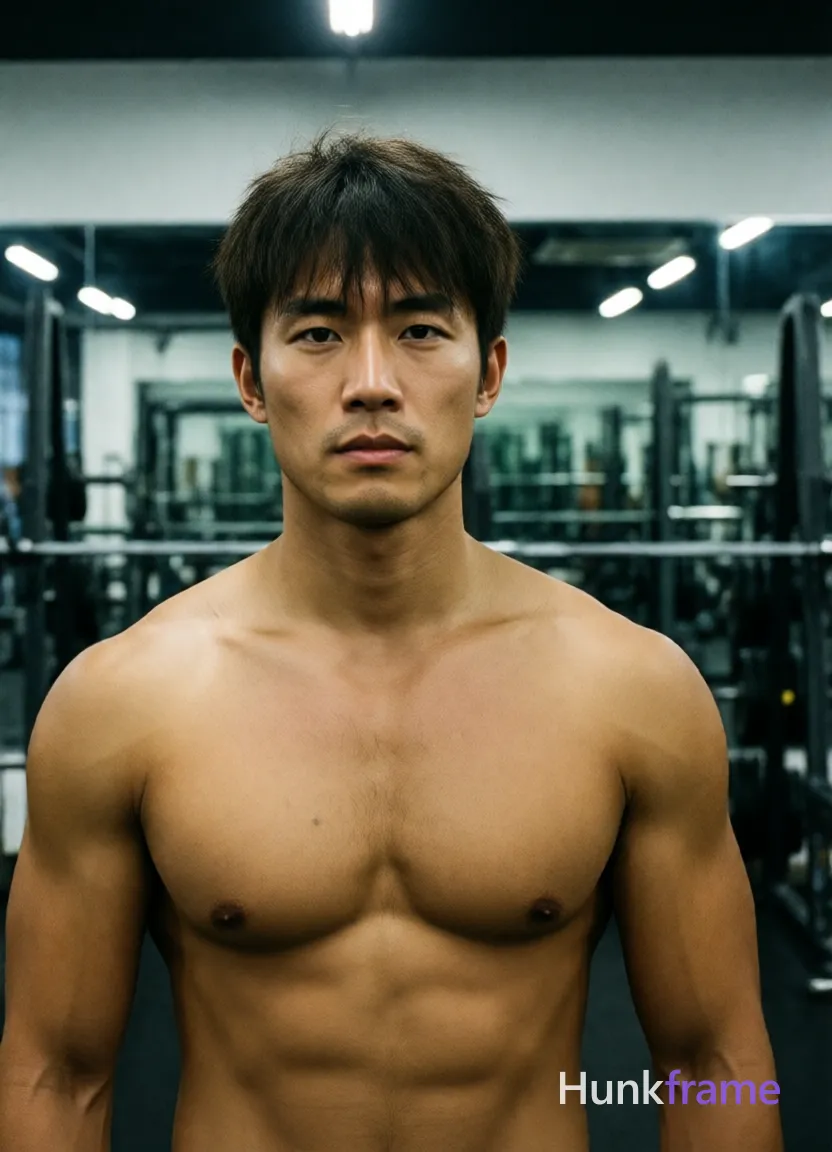 Photograph of exactly 1 adult man. Man 1: Asian, light to medium tan, oval with a defined jawline and chin, short, dark brown/black hair, slightly tousled on top with bangs falling over the forehead, straight texture, small mole on left pectoral area. Man 1 has fully exposed eyes, eyebrows, temples and nose bridge. Athletic Asian man with broad shoulders, defined pectorals. Standing upright shirtless in an indoor gym with mirrored walls. Shirtless adult exposing chest, abdomen, shoulders, and arms to biceps. Vertical portrait close-up from chest up centered on the torso. Indoor gym environment featuring weight racks under fluorescent lights. Overhead artificial lighting casting soft shadows on skin tones. Naturalistic photography with slightly grainy texture and masculine mood