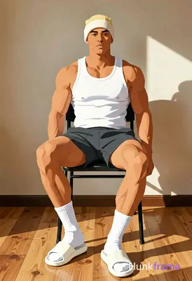 Bold flat-color wall art graphic of an adult muscular man with light to medium t