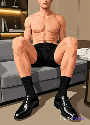 Adult masculine man with thick thighs, lower-body POV shot seated on a grey upho