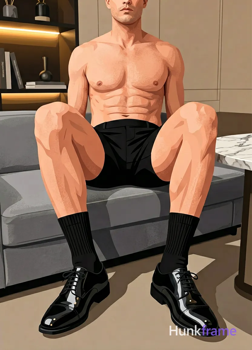Adult masculine man with thick thighs, lower-body POV shot seated on a grey upholstered surface. Legs extended forward and slightly apart in relaxed confidence. Wearing black dress trousers with clean creases, black ribbed crew socks pulled to mid-calf, and polished black leather cap-toe lace-up oxfords reflecting ambient light. Modern interior setting with dark shelving unit containing books and decor to the left; marble-topped table edge visible right on neutral-toned walls. Soft warm accent glow from shelf backlighting illuminates skin texture. High-resolution flat-color poster graphic design, bold color blocking, clean vector lines, no text overlay., same aesthetic theme and photo feel as the reference but a different man in a different pose with distinct body proportions, German man, fair skin, strong brow ridge, lean cyclist legs, wearing underwear or swim trunks, covered genitals, no frontal nudity, a single uninterrupted photograph only, no written words or typography anywhere in frame, no captions, no app UI, no social-media post layout, no screenshot borders