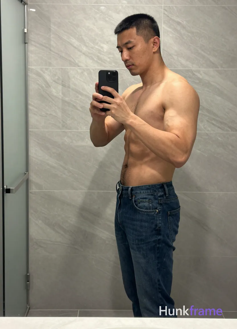 Bold flat-color wall art graphic of an Asian adult man with short black buzz cut and clean-shaven face, standing sideways facing left in a mirror reflection; He is shirtless revealing broad shoulders, defined lats, visible trapezius muscles, sculpted latissimus dorsi, and clear abdominal definition while holding a black smartphone with both hands to capture the selfie pose; His right elbow flexes at 90 degrees showing bicep detail as his left hand rests on his hip; He wears dark blue slim-fit jeans in a vertical full-body shot from head to mid-thigh; The setting is a bathroom interior with light gray marble-effect tiled walls and a frosted glass shower door visible on the left edge of the frame under soft overhead artificial lighting, same aesthetic theme and photo feel as the reference but a different man in a different pose with distinct body proportions, Turkish man, olive skin, aquiline nose, lean hairy chest editorial look; single clean uninterrupted photograph with a cohesive editorial composition and plain continuous surrounding surfaces