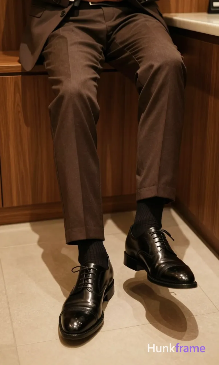 Close-up on lower legs and shoes, centered composition cropped from mid-thighs down to feet. Adult man seated with legs extended and crossed at the ankles, left foot resting casually on right thigh/knee area. Wearing brown suit trousers (full-length), black ribbed crew socks, and black polished leather lace-up dress shoes reflecting warm ambient light. Indoor setting with wood-paneled walls and cream floor; partial view of a countertop edge in upper right. Soft directional highlights emphasize shoe sheen and fabric texture against the thick thighs. High-fashion editorial lighting creates quiet luxury mood without showing face or hair., same aesthetic theme and photo feel as the reference but a different man in a different pose with distinct body proportions, Middle Eastern man, tan skin, dark beard shadow, muscular but natural proportions, a single uninterrupted photograph only, no written words or typography anywhere in frame, no captions, no app UI, no social-media post layout, no screenshot borders