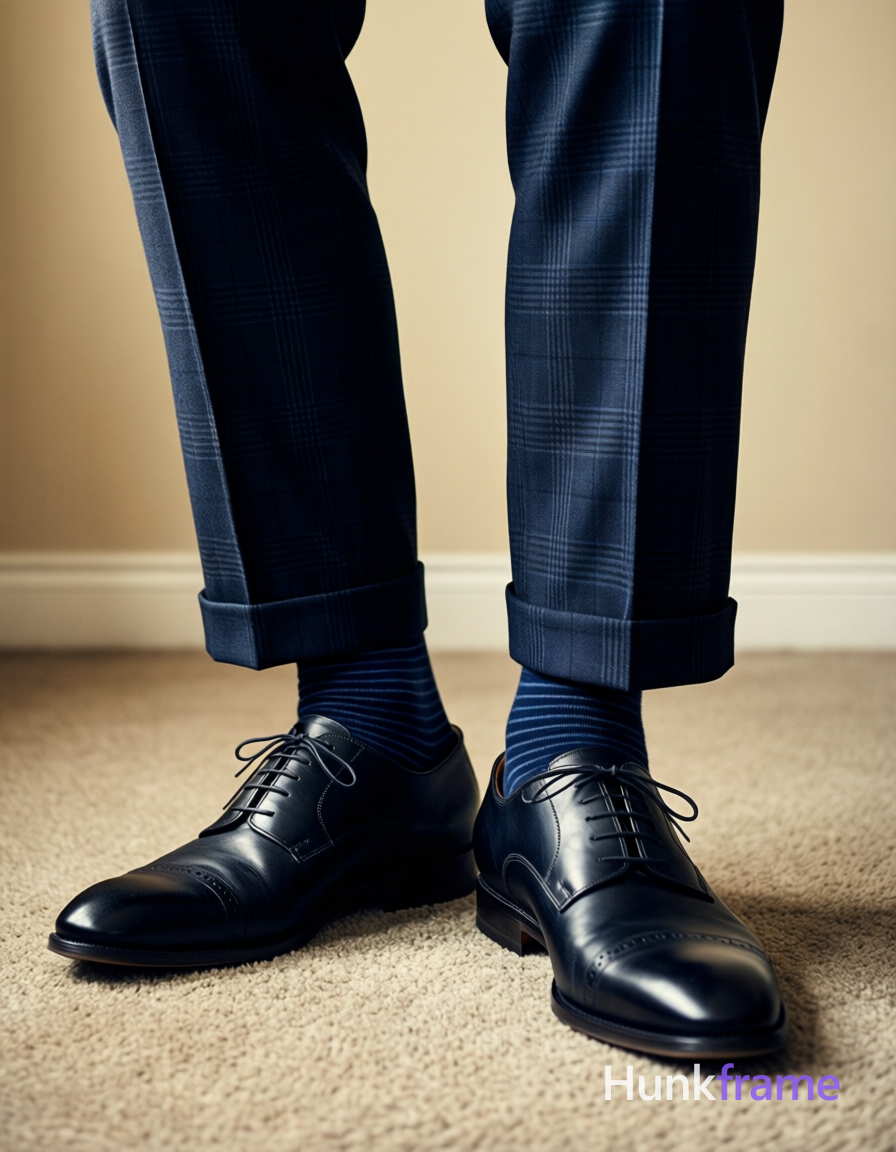 High-angle sensual close-up of a confident adult man's lower legs and feet stand