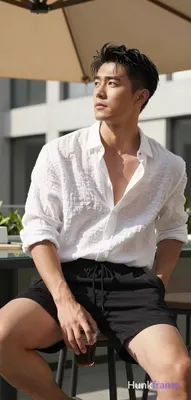 Asian man with light-medium skin, black short hair styled with volume on top and sides swept back, c