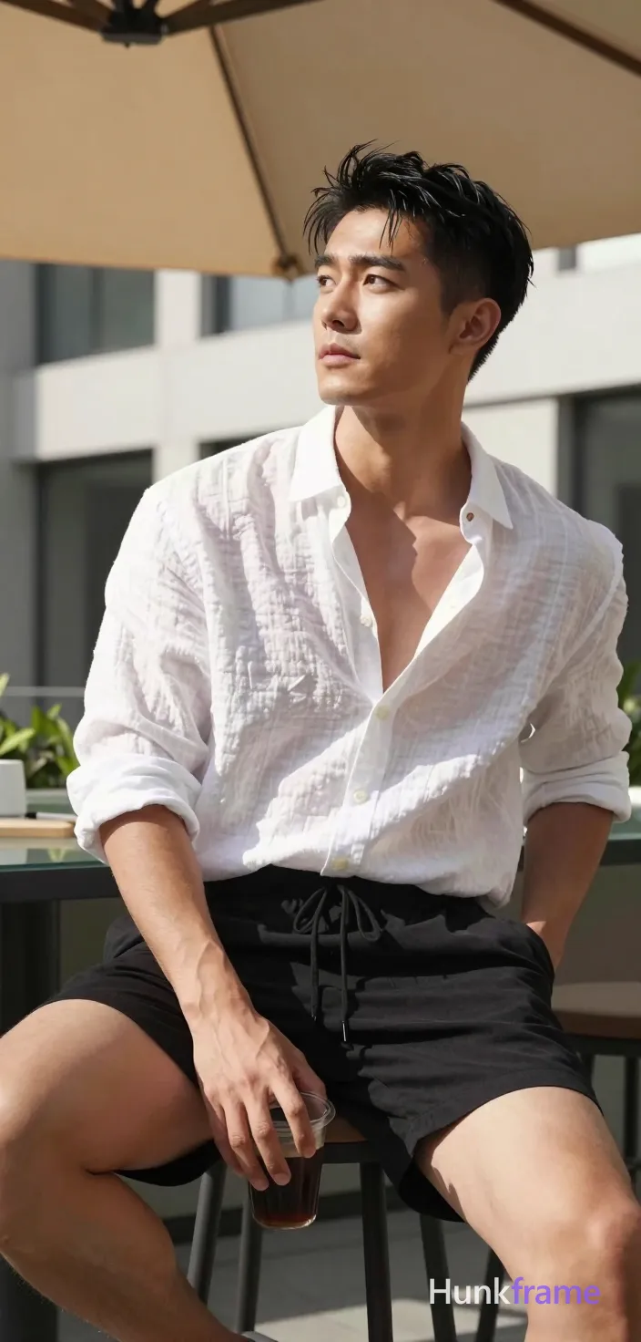 Asian man with light-medium skin, black short hair styled with volume on top and sides swept back, clean-shaven face. Seated on a high stool outdoors under a beige fabric awning, torso angled left while head turns right to gaze upward. Weight shifted onto left leg with right knee bent; white textured linen button-up unbuttoned at collar revealing upper chest and defined abs, sleeves rolled up, black drawstring shorts ending above knee exposing thick thighs. Right hand holds dark drink between knees, left arm rests on glass table edge. High-contrast sunlight from upper left sculpts broad shoulders and pectorals against a softly blurred modern building facade with rectangular windows. Vertical phone-camera aesthetic, head-to-thighs crop excluding feet, center-left composition emphasizing relaxed confidence in sun-drenched leisure., a single uninterrupted photograph only, no written words or typography anywhere in frame, no captions, no app UI, no social-media post layout, no screenshot borders