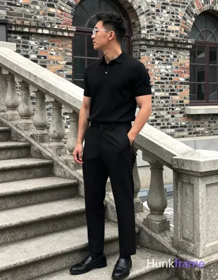 Adult man in profile facing left, standing on stone steps beside a railing with 