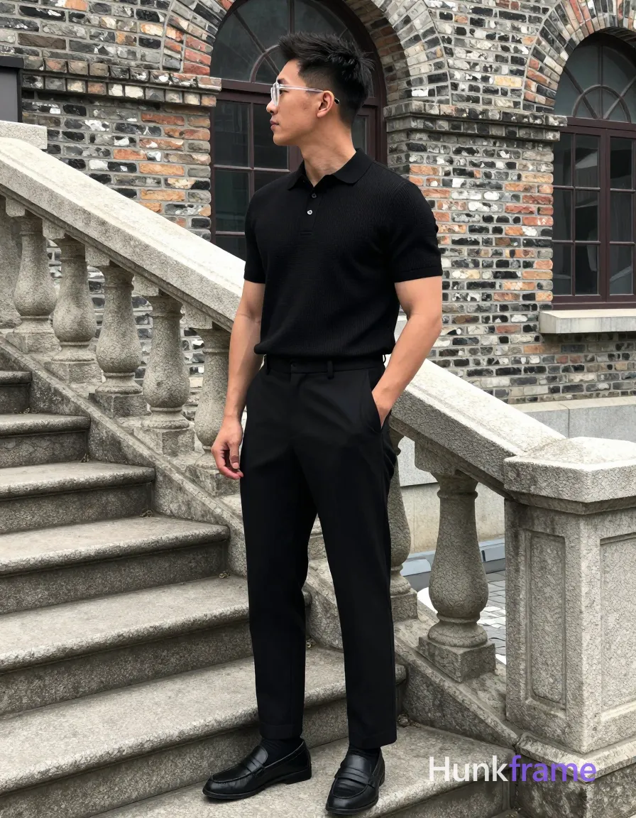 Adult man in profile facing left, standing on stone steps beside a railing with weathered brick facade and arched windows behind; He wears thin clear-framed glasses worn on the face, short textured dark hair styled upward, clean-shaven neck, black ribbed polo shirt buttoned to collar, high-waisted tailored trousers, black dress socks, leather loafers; Right hand partially in trouser pocket, left arm relaxed at side; Full-body vertical shot 13:19 aspect ratio; XHS lifestyle aesthetic with candid iPhone rear-camera snapshot energy and trendy influencer vibe on medium-dark skin; High-contrast monochrome tones with muted color accents of black white gray brown; Relatable aspirational mood; The adult man visibly wears thin, clear-framed glasses worn on the face; minimal rim thickness, transparent or light-colored frames on his face; preserve the exact frame shape, rim style, color, material, and lens tint; single clean uninterrupted photograph with a cohesive editorial composition and plain continuous surrounding surfaces