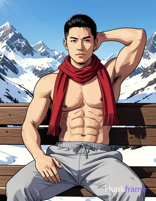 Asian man with short black hair and clean-shaven face seated on a wooden bench in an outdoor snowy m