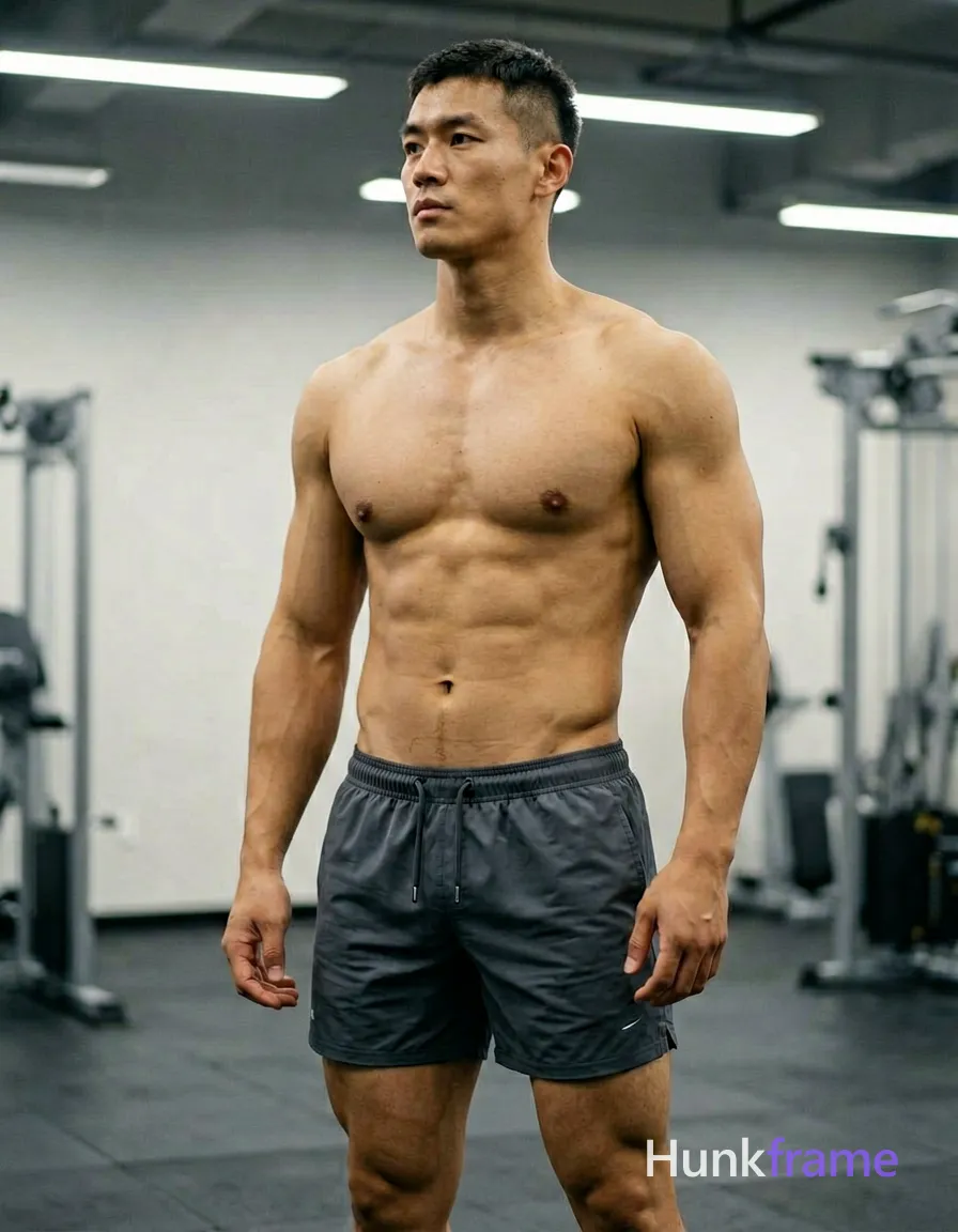 A striking vertical phone wallpaper of a muscular adult man standing shirtless in an indoor gym, torso angled slightly right with arms relaxed at his sides. He wears dark grey athletic shorts with a drawstring waistband; bare chest and abdomen are set against clean negative space under soft ambient fill lighting from overhead fluorescent strips. The composition is screen-safe on the center-left., wearing underwear or swim trunks, covered genitals, no frontal nudity, a single uninterrupted photograph only, no written words or typography anywhere in frame, no captions, no app UI, no social-media post layout, no screenshot borders