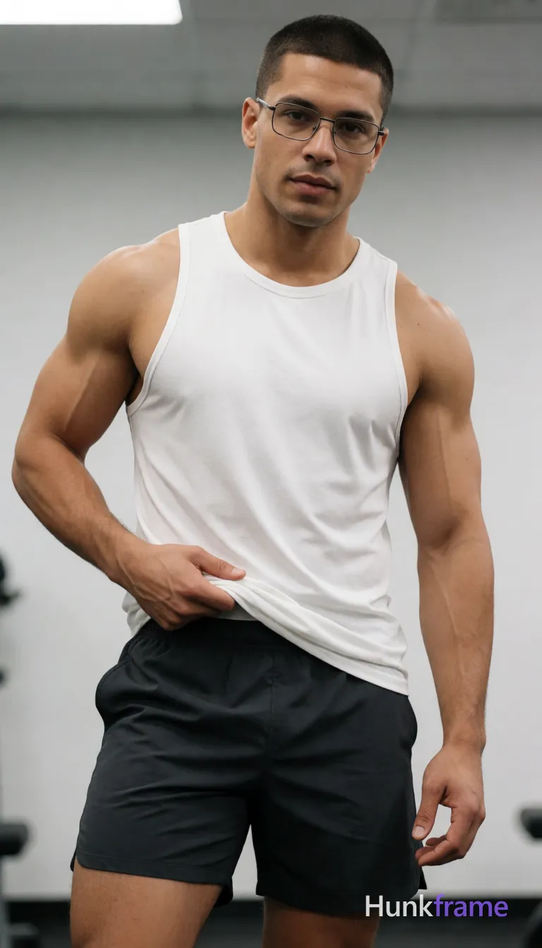an anonymous figure man with light to medium tan skin and short dark brown buzz cut, wearing rectangular metal frame glasses with thin rims; He stands in a gym setting, left leg forward, torso angled slightly toward camera while right hand pulls up white sleeveless athletic tank top at waistline exposing lower abdomen and hips; Dark gray or black athletic shorts ending mid-thigh show thick thighs and well-defined calves under soft diffused overhead lighting casting sculpted shadows on broad shoulders and vascular arms; Vertical portrait framing with intimate proximity, confident direct gaze, high contrast sharp focus on exposed chest and hip area within clean gym environment; The adult man visibly wears rectangular metal frame glasses with thin rims; clear lenses; preserve the exact frame shape, rim style, color, material, and lens tint; single clean uninterrupted photograph with a cohesive editorial composition and plain continuous surrounding surfaces
