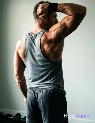 An athletic masculine man captured in gym photography, standing in profile with left arm raised behi