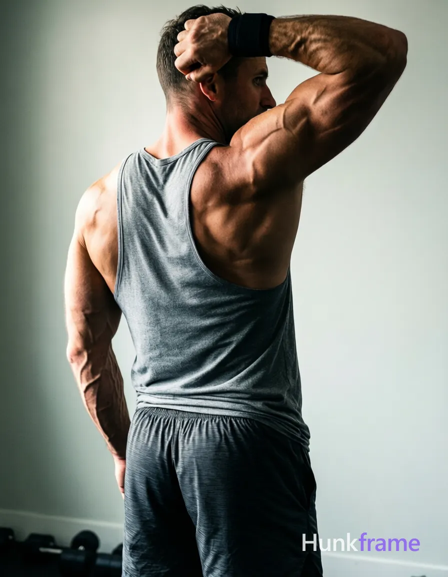 An athletic masculine man captured in gym photography, standing in profile with left arm raised behind head and elbow bent while gripping a black wristband near neck. He wears a grey sleeveless tank top covering torso and back paired with dark grey textured shorts. Defined back muscles and veins on arms are highlighted by dramatic directional light against plain light-colored walls. Vertical portrait crop from mid-thighs to upper chest, clean composition focusing on musculature and posture in an athletic fitness-oriented mood., a single uninterrupted photograph only, no written words or typography anywhere in frame, no captions, no app UI, no social-media post layout, no screenshot borders