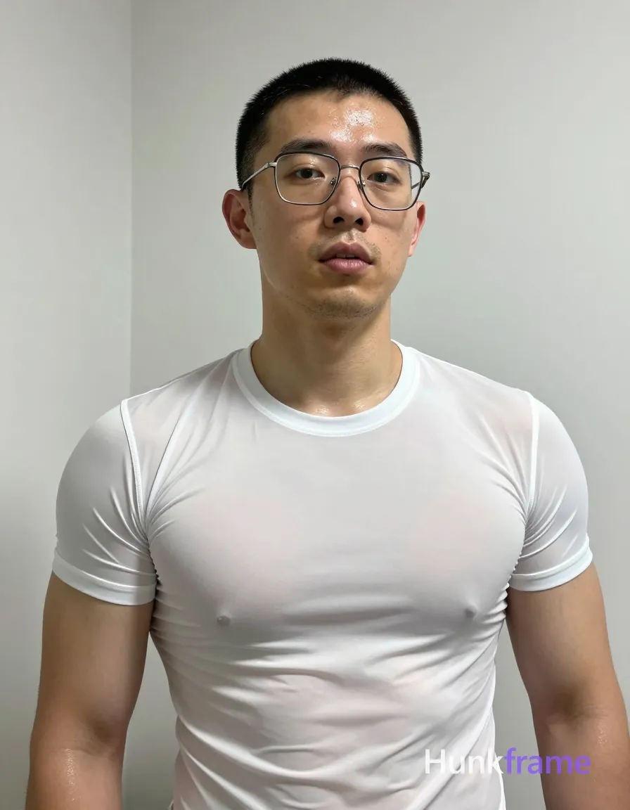 an anonymous figure man with short black buzz cut and metal-framed rectangular glasses, clean-shaven chin with light upper lip stubble; Standing upright facing camera with slight head tilt, mouth slightly parted in neutral surprise; Wearing white sheer an anonymous figure compression shirt revealing broad shoulders, defined pectorals, and abdominal definition through the fabric; Indoor room corner setting with white walls; Low-angle selfie perspective, high-contrast flash photography creating harsh highlights on sweaty skin texture; Vertical portrait crop at waist level; The adult man visibly wears metal-framed rectangular glasses with thin rims, clear lenses; preserve the exact frame shape, rim style, color, material, and lens tint; single clean uninterrupted photograph with a cohesive editorial composition and plain continuous surrounding surfaces