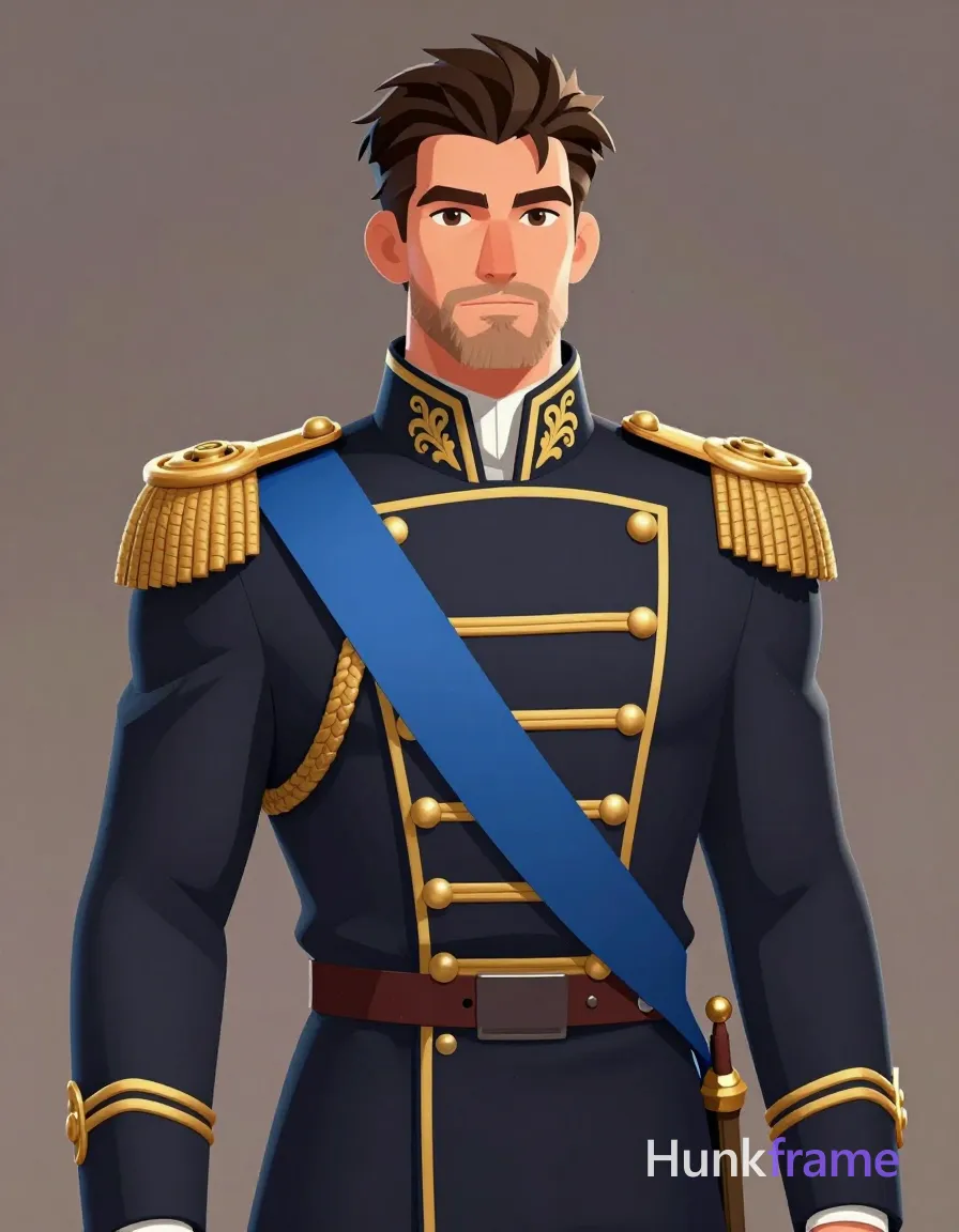 Caucasian adult man with fair warm skin and short dark brown hair, sideburns extending below earlobes only; He stands in an upper-torso pose facing forward with head centered in frame; Wearing a dark blue military-style jacket with ornate gold embroidery on collar and chest, gold epaulets with braided detailing, and a blue sash across left shoulder to right hip over a white high-collared shirt; Broad shoulders rendered with polished anime / 2.5D next-gen 3D game art style featuring athletic anatomy and expressive face details; Setting is a studio or formal portrait setting with neutral background, depicted in clean vector line work without text; Soft directional lighting from front-left casts subtle shadows on right side of face against muted gray-brown atmospheric backdrop; Fine-art portrait style adapted to high-quality character rendering, same aesthetic theme and photo feel as the reference but a different man in a different pose with distinct body proportions, Slavic man, pale skin, ash blond stubble, tall athletic frame; single clean uninterrupted artwork with a cohesive composition and plain continuous surrounding surfaces