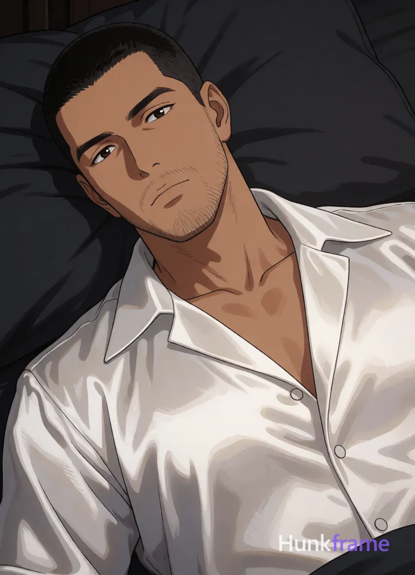an anonymous figure adult man with short black buzz cut and light stubble, grimacing tightly shut eyes as if waking abruptly; Lying supine on back in a dark bedroom setting, head tilted left against pillows wearing a white satin button-down shirt with wide collar and deep V-neck exposing upper chest; Lean build physique visible under soft directional lighting from front-left creating subtle shadows; Vertical anime style composition emphasizing expressive face details of light to medium tan skin showing pores; Minimalist tight crop framing shoulders up to forehead, polished 2.5D next-gen rendering quality; single clean uninterrupted artwork with a cohesive composition and plain continuous surrounding surfaces