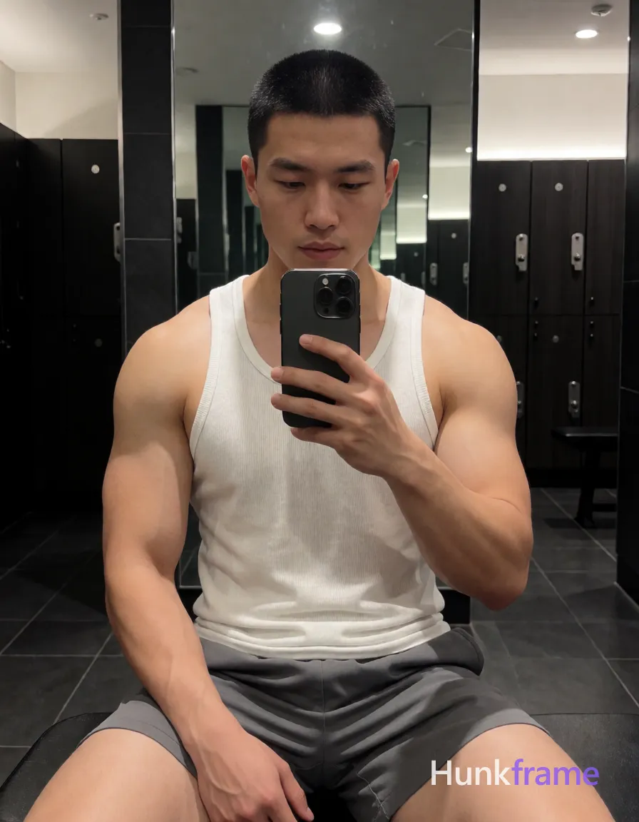 Photograph of exactly 1 adult man. Man 1: East Asian, light-medium, square-jawed with defined cheekbones and a straight jawline, short buzz cut, black hair, high density, clean-shaven scalp visible at the nape, clean-shaven. Man 1 has fully exposed eyes, eyebrows, temples and nose bridge. East Asian man with broad shoulders, thick quads. Seated mirror selfie holding phone at eye level. Shirtless in white ribbed tank top, gray shorts. Vertical portrait showing knees to head within locker room. Modern gym with dark tiles, lockers, full-length mirrors. Overhead LED casting soft shadows on sculpted muscles. High-resolution photo emphasizing vascularity and confident pose