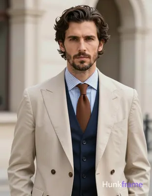 Caucasian man with fair skin, dark brown voluminous hair swept back, short trimm